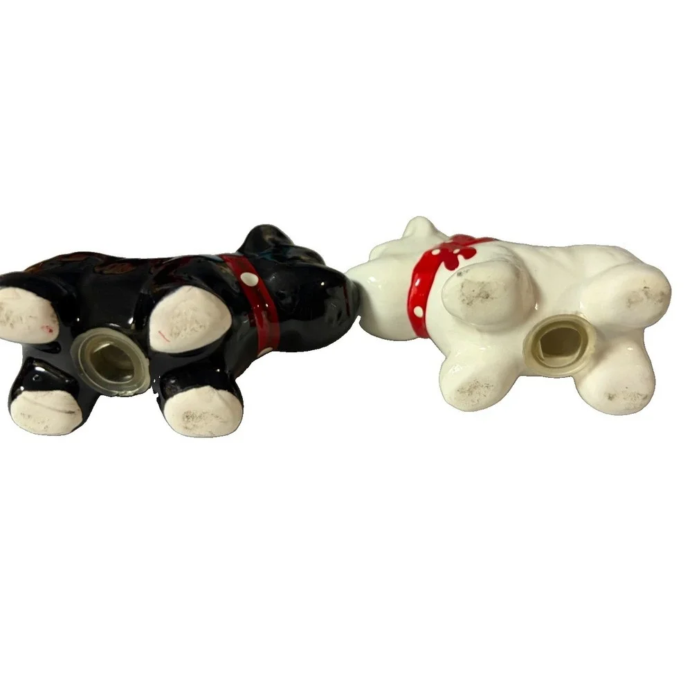 Vintage Japan Scottie Dog Salt Pepper Shakers Black White Red Polka Dot Bow